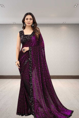SHRIMAY Self Design Bollywood Net Saree(Purple)