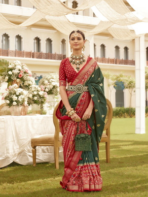 Elora Printed Patola Silk Blend Saree(Dark Green)