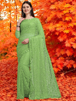 NORAFLEX Embroidered Bollywood Net Saree(Light Green)