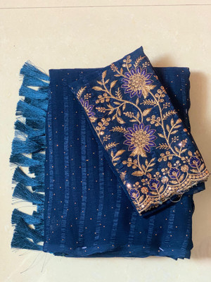 ABSilk Embellished Assam Silk Georgette Saree(Blue)