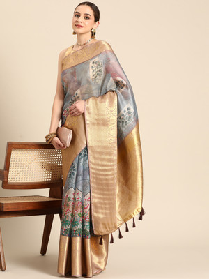 SILK ZONE Digital Print Banarasi Silk Blend Saree(Grey)