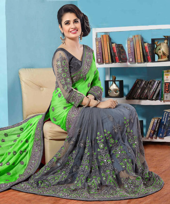 b bella creation Embellished Bollywood Net Saree(Light Green, Grey)