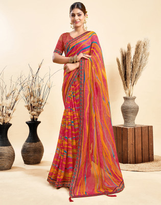 Samah Geometric Print, Printed, Embellished Daily Wear Chiffon Saree(Pink)