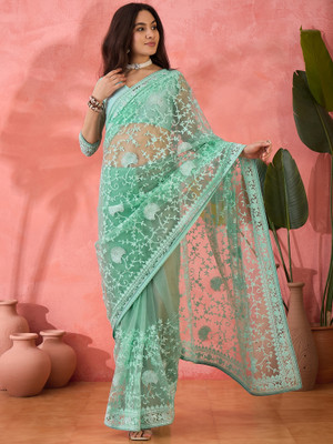 Sangria Embroidered Saree with Attached Blouse Net Saree(Light Green)