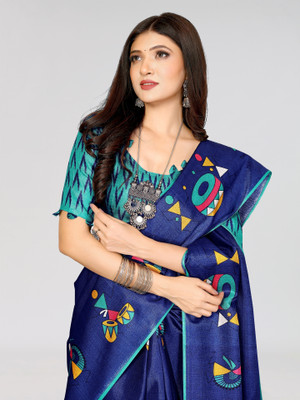 ANIRAV Printed Mysore Art Silk Saree(Blue)