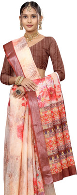 Gajal Printed, Digital Print Kanjivaram Pure Cotton, Cotton Linen Saree(Orange)