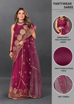 Yashvi Designer Embroidered Bollywood Net Saree(Purple)