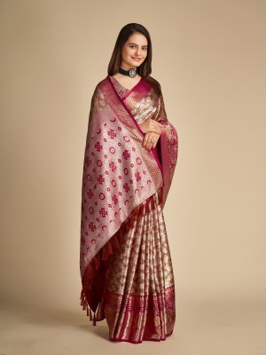 GajGajra Woven, Floral Print Banarasi Pure Silk Saree(Brown, Magenta)