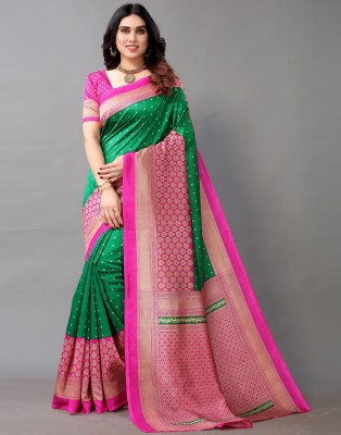 Samah Printed, Geometric Print, Embellished Bhagalpuri Silk Blend, Cotton Silk Saree(Green, Pink)