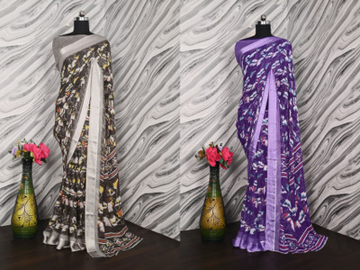 Clever Clothing Floral Print Daily Wear Georgette Saree(Pack of 2, Grey, Purple)