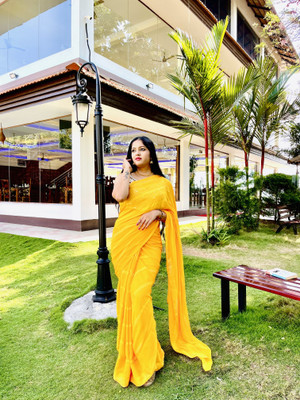 Moda Rapido Embellished, Striped Bollywood Satin Saree(Yellow)