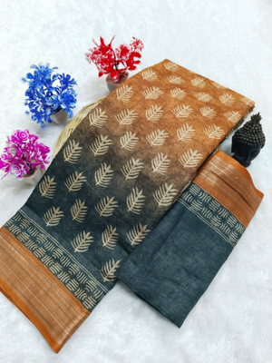 HangerStories Printed Bollywood Pure Cotton, Cotton Linen Saree(Orange, Black)