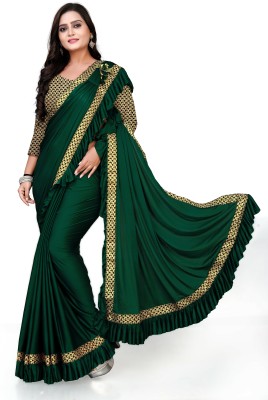 Treshpino Solid/Plain Bollywood Lycra Blend Saree(Dark Green)