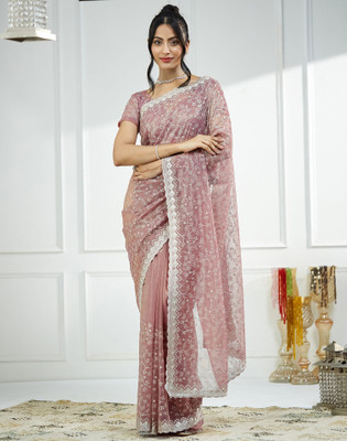 Satrani Embroidered, Embellished Bollywood Net Saree(Pink, Gold)