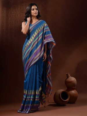 WSARI Solid/Plain Daily Wear Cotton Blend Saree(Blue)