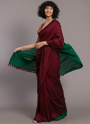 Kumaresh Creation Color Block Daily Wear Cotton Silk Saree(Green, Maroon)