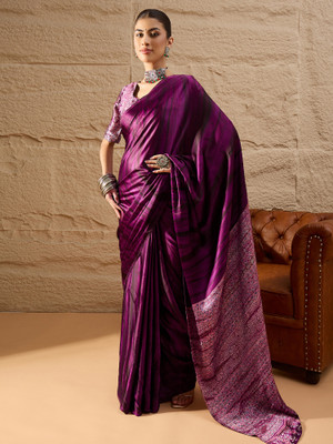 Tasrika Printed Hand Batik Crepe Saree(Purple)