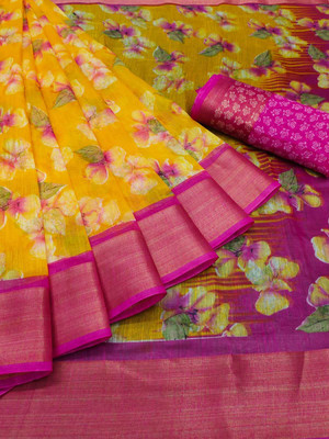 NAYANA CREATION Printed Bollywood Linen Saree(Multicolor)