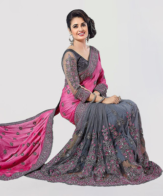 Semizoxis Embroidered, Embellished Bollywood Net, Art Silk Saree(Pink, Grey)