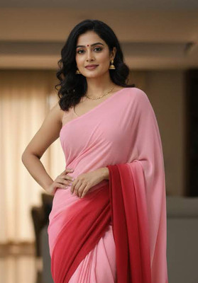 Anugrah Textile Embroidered Banarasi Lycra Blend, Chiffon Saree(Pink, Red)