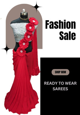 LDCN Embellished, Self Design, Solid/Plain Bollywood Georgette Saree(Red)