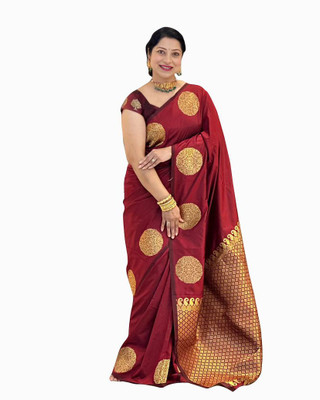 HouseOfCommon Woven Kanjivaram Art Silk, Pure Silk Saree(Maroon, Multicolor)