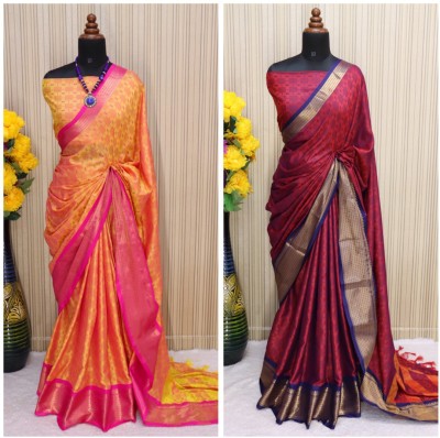 VRINDITA FASHION Woven Kanjivaram Jacquard, Cotton Silk Saree(Pack of 2, Yellow, Red)