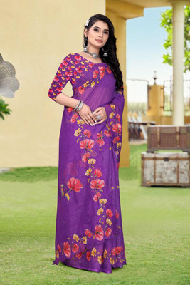 parakhiya fab Digital Print Handloom Cotton Linen Saree(Purple)