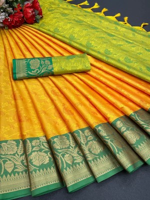 Spetila Woven Kanjivaram Jacquard, Pure Silk Saree(Green, Yellow)