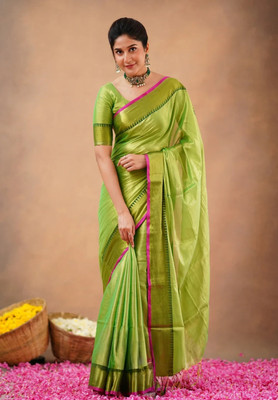 Bengal S Self Design Handloom Tissue Saree(Green)