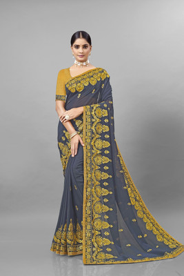 KHRITI FAB Embroidered, Floral Print Bollywood Georgette Saree(Grey)