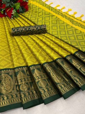 FashionPallavi Woven Narayanpet Cotton Silk, Jacquard Saree(Yellow, Green)