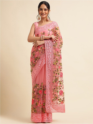 SATVASHIV Embroidered Bollywood Net Saree(Pink)