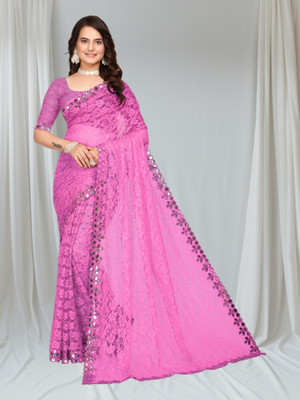 MAA CREATION Embroidered Bollywood Net Saree(Pink)