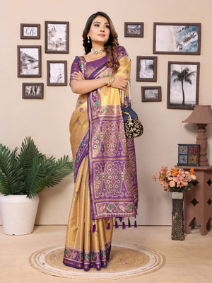 Tasrika Self Design Patola Tissue Saree(Mustard, Purple)