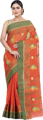 DipDiya Embroidered Tant Pure Cotton Saree(Orange)