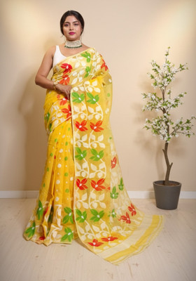 TUYA Woven Jamdani Cotton Silk Saree(Pack of 2, Yellow)