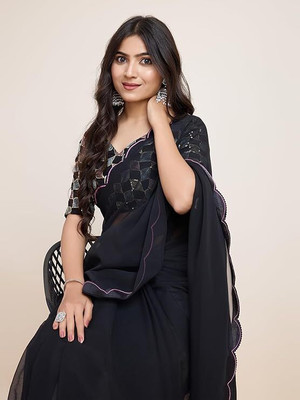 KALPNA CREATION Solid/Plain Bollywood Georgette Saree(Black)