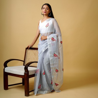 Teejh Embroidered Kota Doria Cotton Blend Saree(Grey)