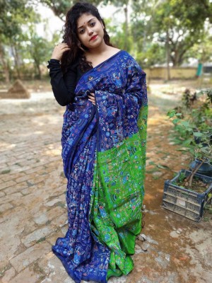 maadurga Printed Madhubani Cotton Silk Saree(Blue)