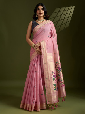 Tasrika Woven Paithani Cotton Silk Saree(Pink)