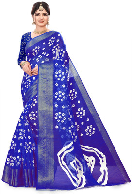 Harshiv Enterprise Printed Bandhani Cotton Blend Saree(Blue)