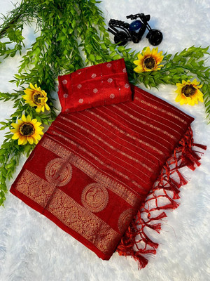 RAAVI ENTERPRIISE Striped, Woven Mysore Silk Blend Saree(Red)