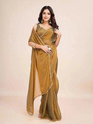 Vraggi Solid/Plain, Embellished, Embroidered Bollywood Chiffon, Pure Silk Saree(Gold)