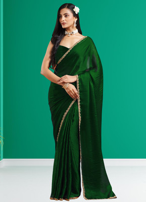 Croza Solid/Plain Bollywood Tussar Silk Saree(Dark Green)