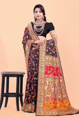 Wovenza Self Design, Woven Bollywood Cotton Blend, Semi-Pashmina Saree(Black)