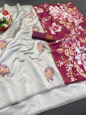 SARETRA MALL Embellished, Self Design, Woven Banarasi Jacquard, Silk Blend Saree(Grey)