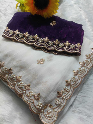 AARTI PRINTS Embroidered Bollywood Silk Blend Saree(White)
