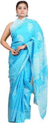 SUNDREESAREE Printed Hand Batik Pure Cotton Saree(Light Blue, White)