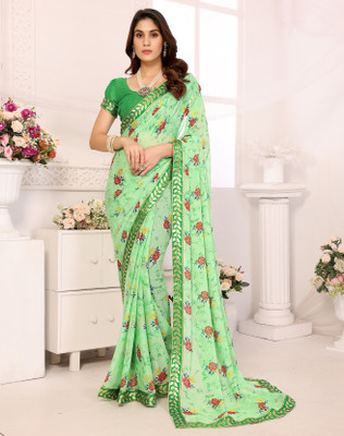 Divastri Printed Bandhani Georgette, Lace Saree(Green)